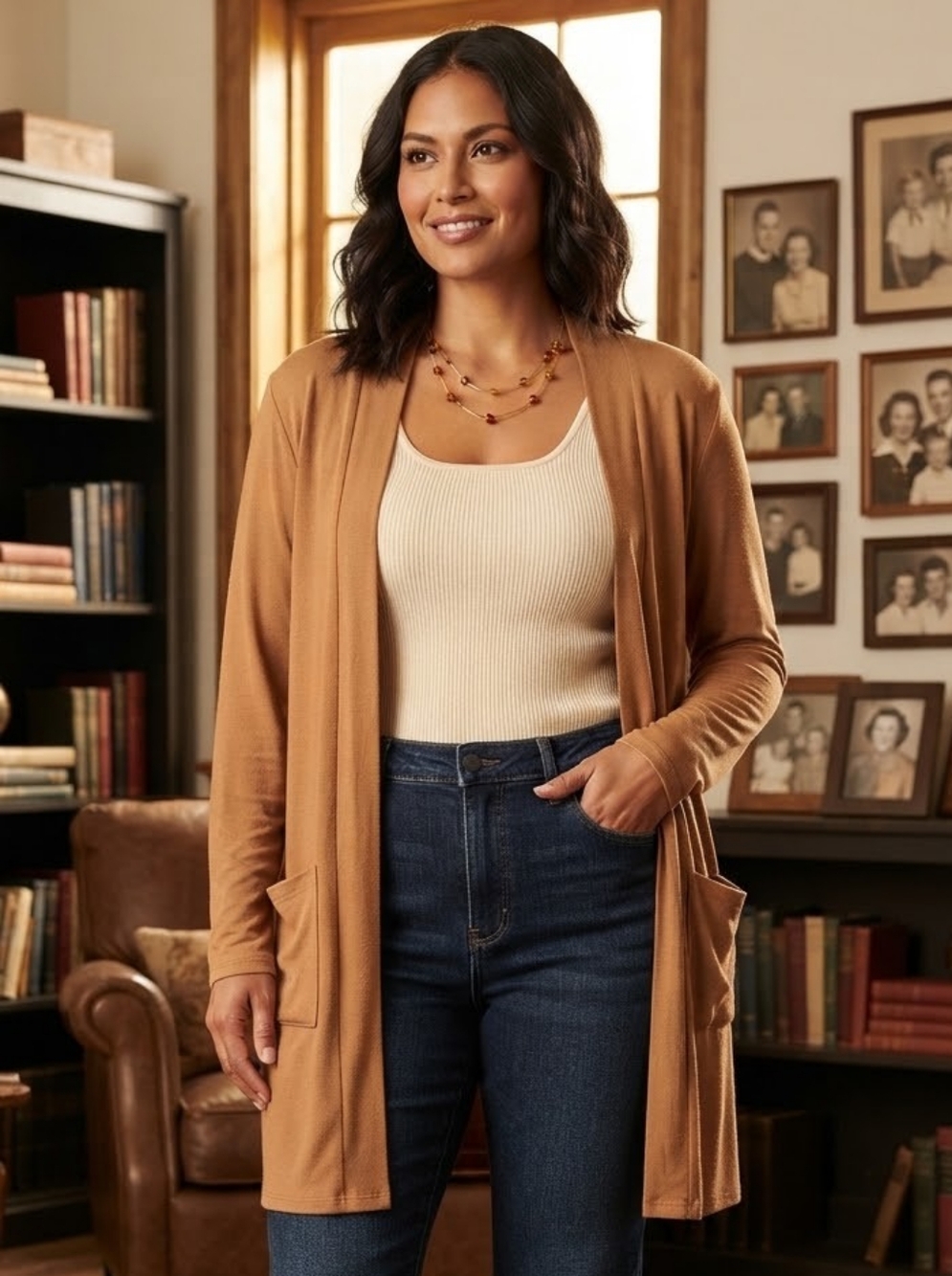 Zenana Premium Camel Tan Open Front Duster Cardigan Pockets Plus Size 2X